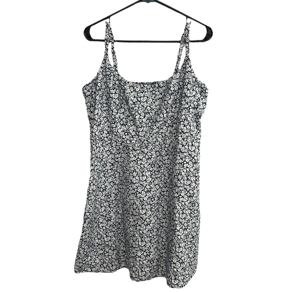 Cottagecore Linen Smocked Mini Dress XL Navy Floral Pockets Summer Feminine
